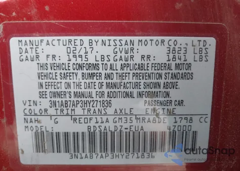 2017 Nissan Sentra Sv из США, поврежденный, VIN 3N1AB7AP3HY271836